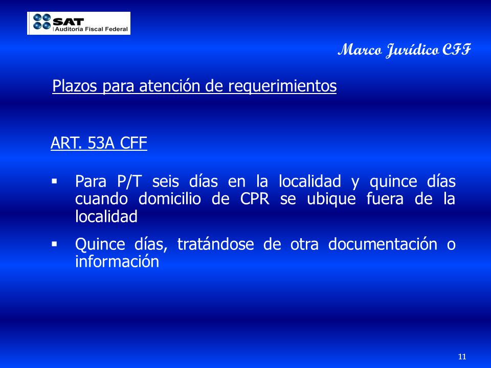 Marco Jurídico CFF Plazos para atención de requerimientos. ART. 53A CFF.