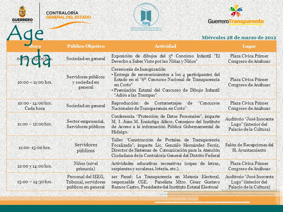 Agenda Miércoles 28 de marzo de 2012 Servidores públicos Hora