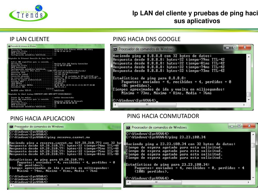 Ip LAN del cliente y pruebas de ping hacia sus aplicativos