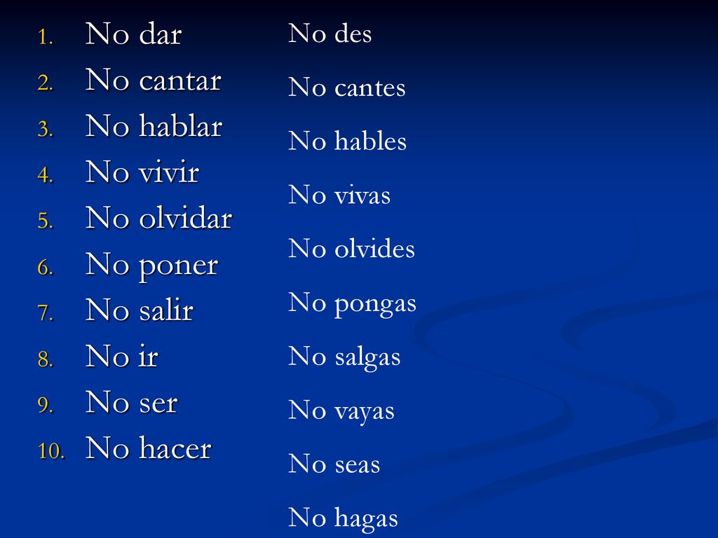 No dar No cantar No hablar No vivir No olvidar No poner No salir No ir