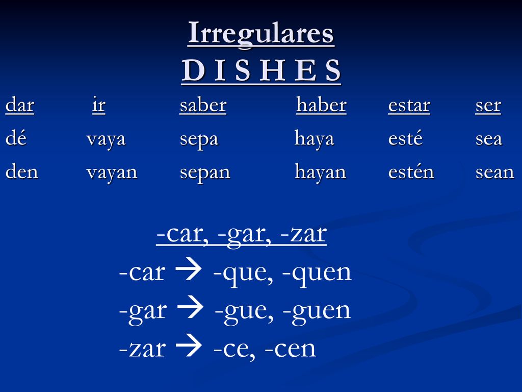 Irregulares D I S H E S -car, -gar, -zar -car  -que, -quen