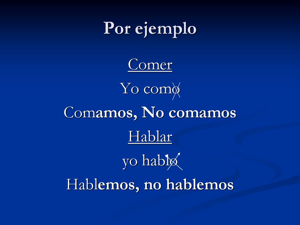 Por ejemplo Comer Yo como Comamos, No comamos Hablar yo hablo