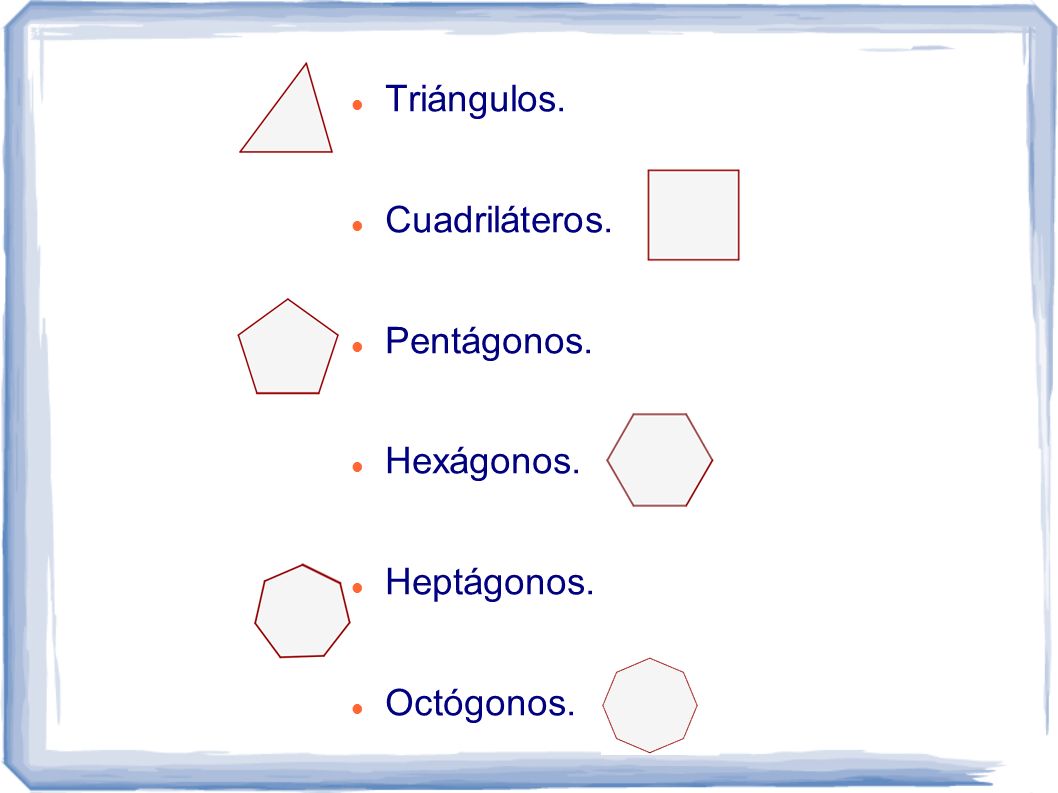 Triángulos. Cuadriláteros. Pentágonos. Hexágonos. Heptágonos. Octógonos.