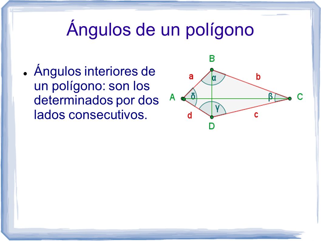 Ángulos de un polígono Ángulos interiores de un polígono: son los determinados por dos lados consecutivos.