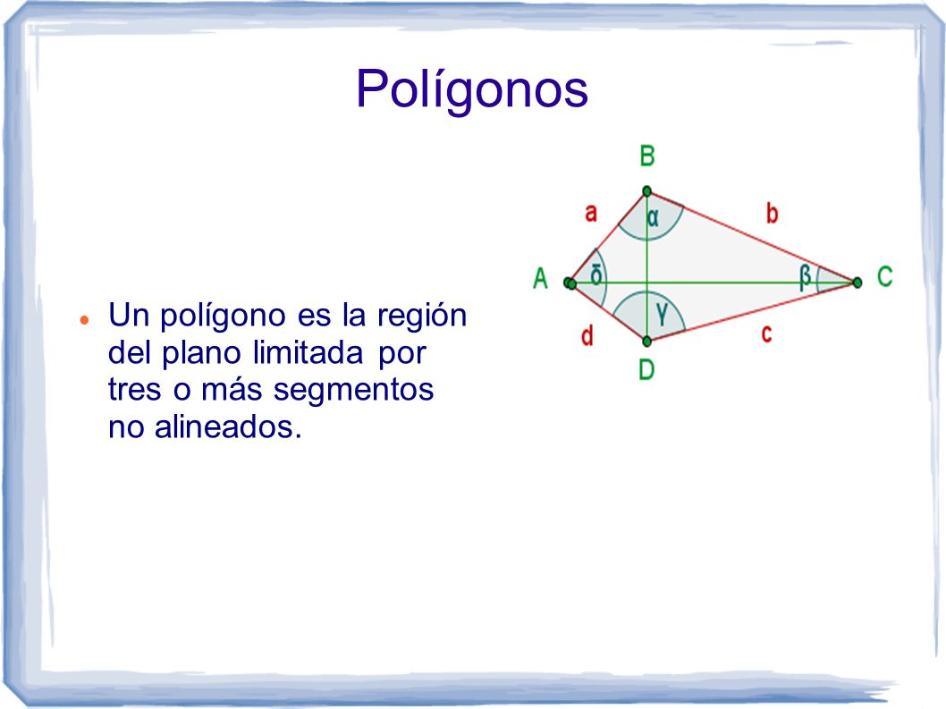 Polígonos Un polígono es la región del plano limitada por tres o más segmentos no alineados.