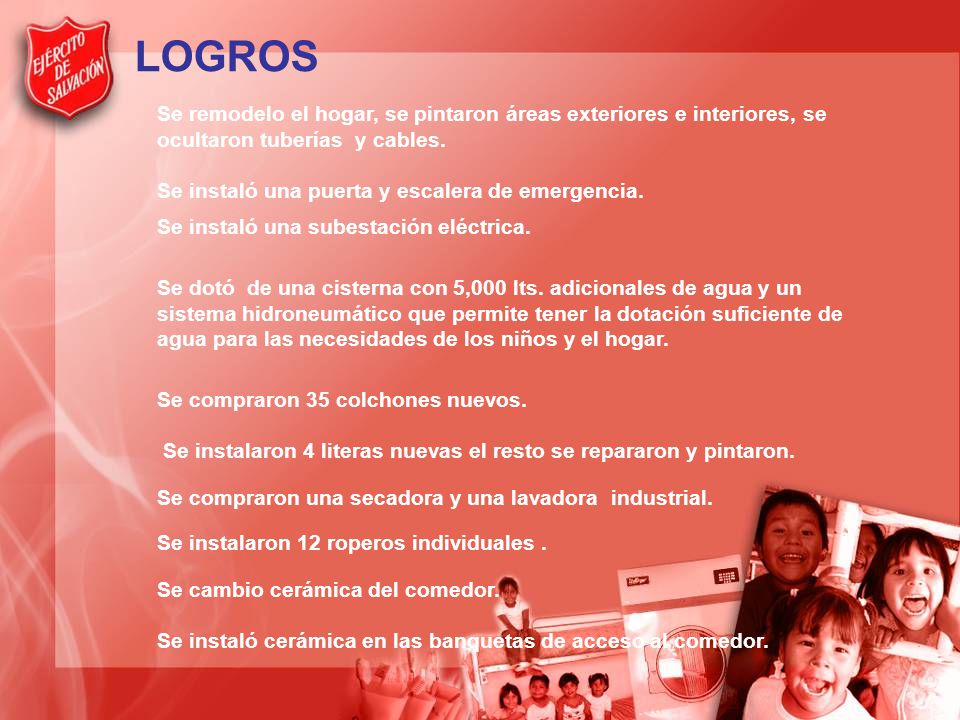 LOGROS Se remodelo el hogar, se pintaron áreas exteriores e interiores, se ocultaron tuberías y cables.