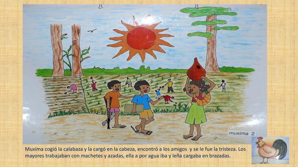 Muxima cogió la calabaza y la cargó en la cabeza, encontró a los amigos y se le fue la tristeza.