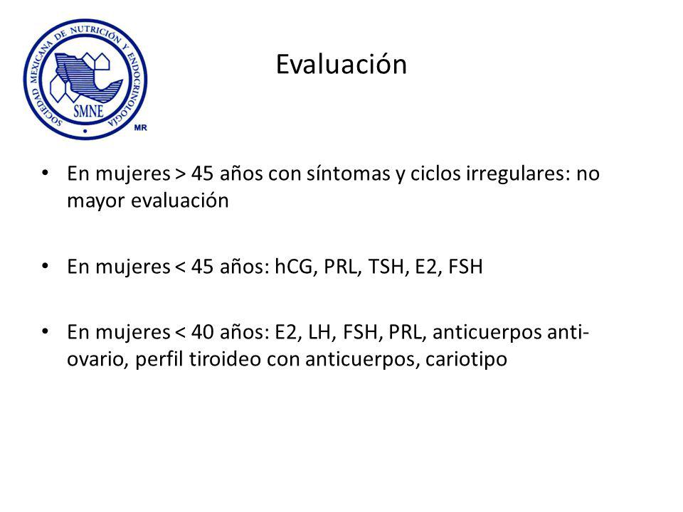Evaluación En mujeres > 45 años con síntomas y ciclos irregulares: no mayor evaluación. En mujeres < 45 años: hCG, PRL, TSH, E2, FSH.