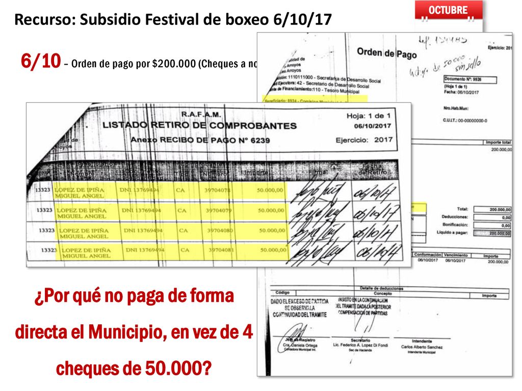 OCTUBRE Recurso: Subsidio Festival de boxeo 6/10/ /10 – Orden de pago por $ (Cheques a nombre del Sr. López De Ipiña)