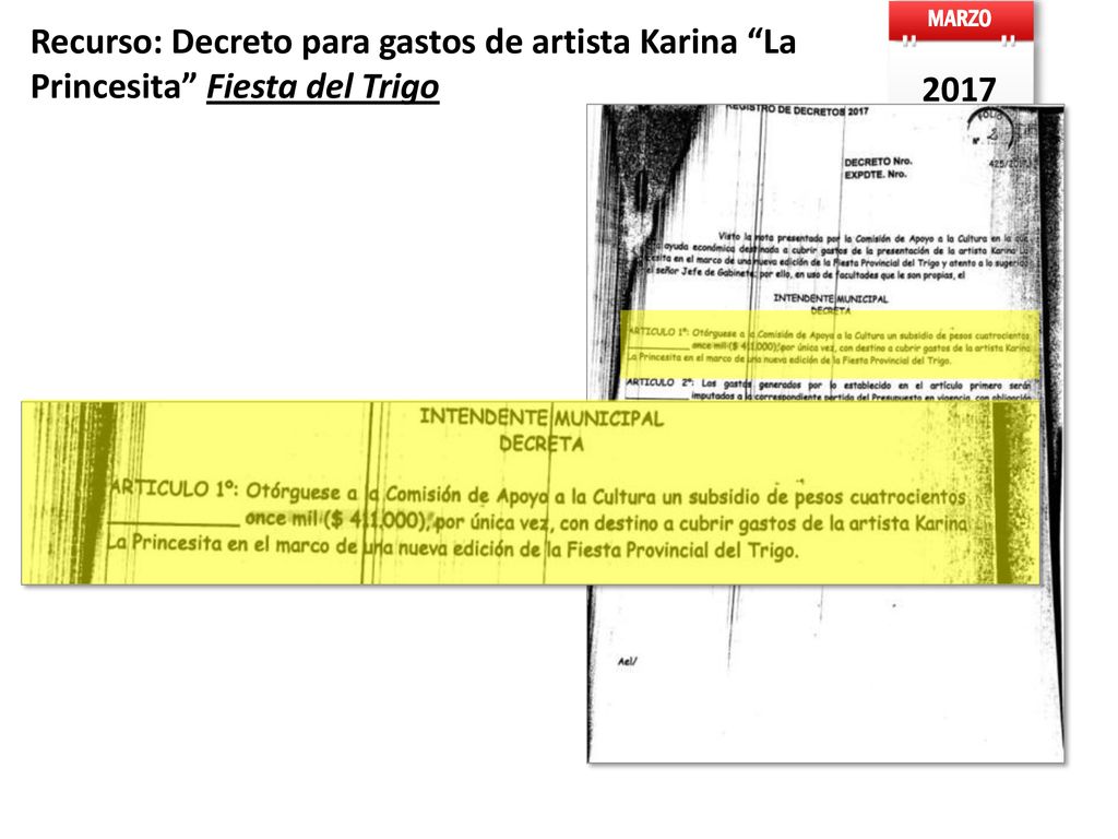 MARZO Recurso: Decreto para gastos de artista Karina La Princesita Fiesta del Trigo 2017