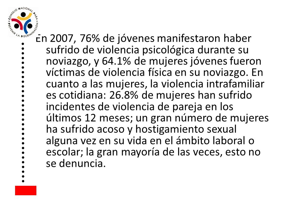 En 2007, 76% de jóvenes manifestaron haber sufrido de violencia psicológica durante su noviazgo, y 64.1% de mujeres jóvenes fueron víctimas de violencia física en su noviazgo.