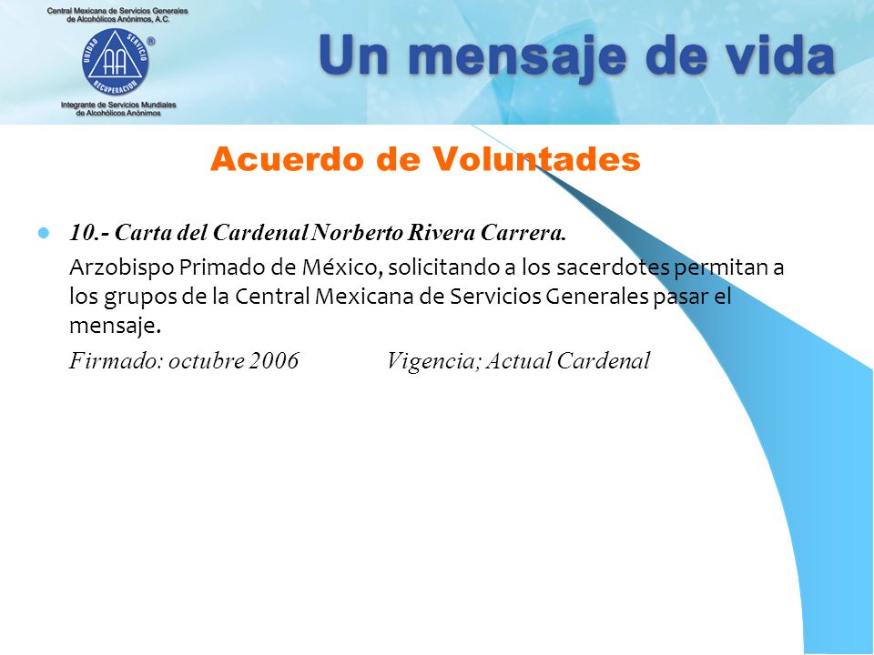 Acuerdo de Voluntades 10.- Carta del Cardenal Norberto Rivera Carrera.