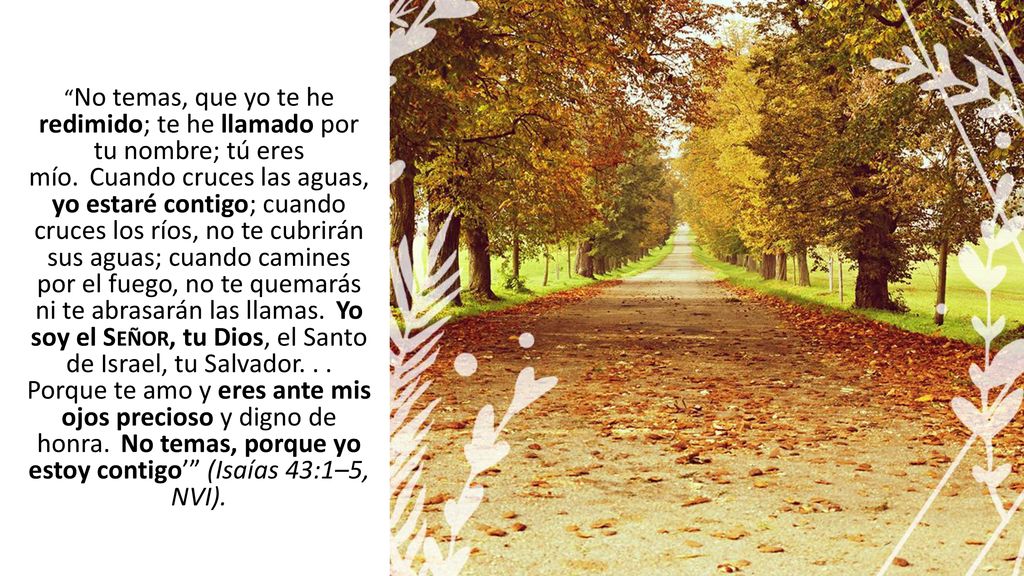 No temas, que yo te he redimido; te he llamado por tu nombre; tú eres mío. Cuando cruces las aguas, yo estaré contigo; cuando cruces los ríos, no te cubrirán sus aguas; cuando camines por el fuego, no te quemarás ni te abrasarán las llamas. Yo soy el Señor, tu Dios, el Santo de Israel, tu Salvador. . . Porque te amo y eres ante mis ojos precioso y digno de honra. No temas, porque yo estoy contigo’ (Isaías 43:1–5, NVI).