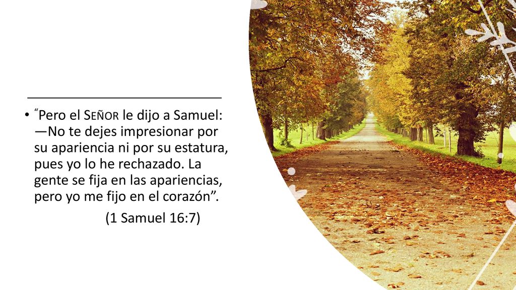 Pero el Señor le dijo a Samuel: —No te dejes impresionar por su apariencia ni por su estatura, pues yo lo he rechazado. La gente se fija en las apariencias, pero yo me fijo en el corazón .