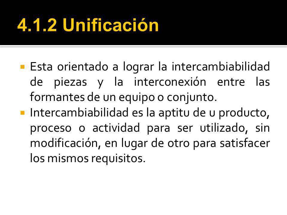 4.1.2 Unificación Esta orientado a lograr la intercambiabilidad de piezas y la interconexión entre las formantes de un equipo o conjunto.