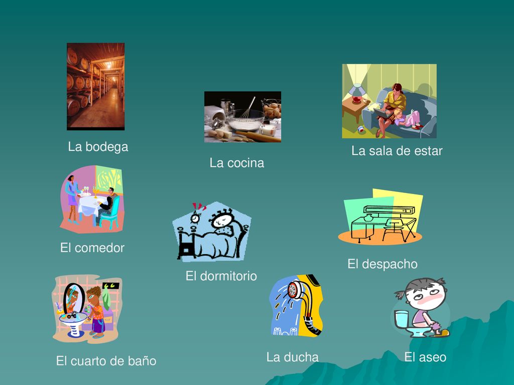 La bodega La sala de estar. La cocina. El comedor. El despacho. El dormitorio. La ducha. El aseo.