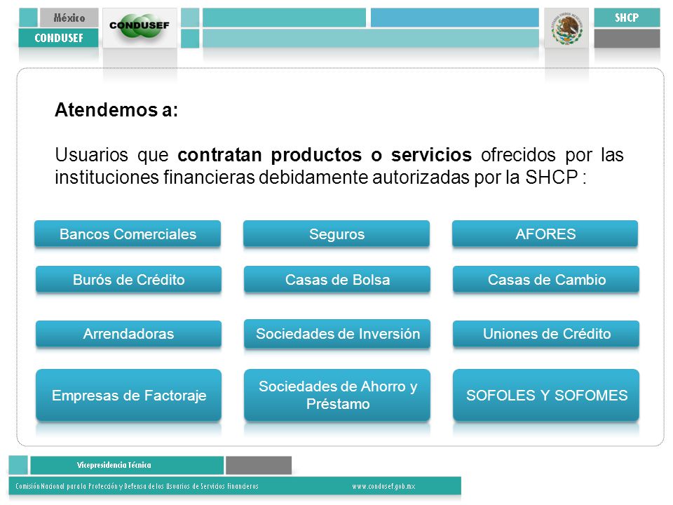 Atendemos a: Usuarios que contratan productos o servicios ofrecidos por las instituciones financieras debidamente autorizadas por la SHCP :