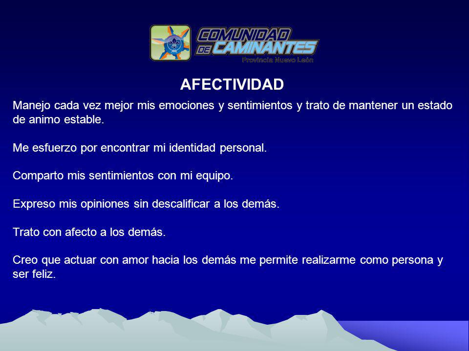 AFECTIVIDAD Manejo cada vez mejor mis emociones y sentimientos y trato de mantener un estado. de animo estable.