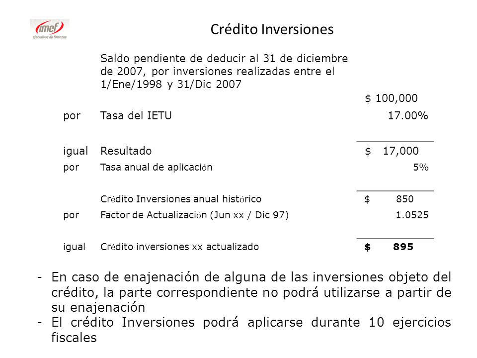Crédito Inversiones Saldo pendiente de deducir al 31 de diciembre de 2007, por inversiones realizadas entre el 1/Ene/1998 y 31/Dic
