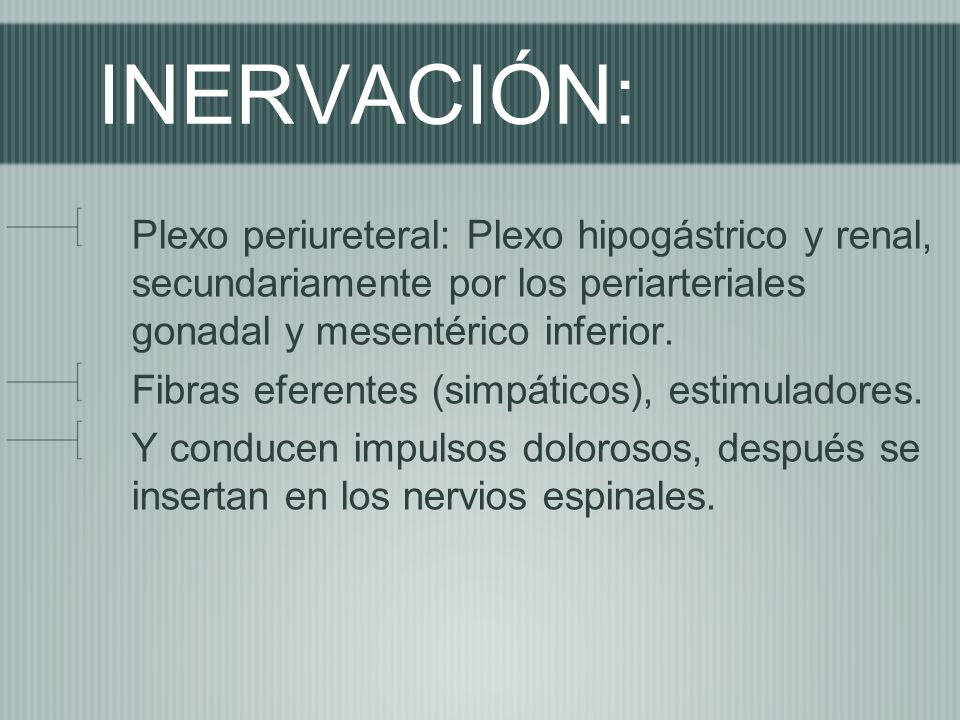 INERVACIÓN: Plexo periureteral: Plexo hipogástrico y renal, secundariamente por los periarteriales gonadal y mesentérico inferior.