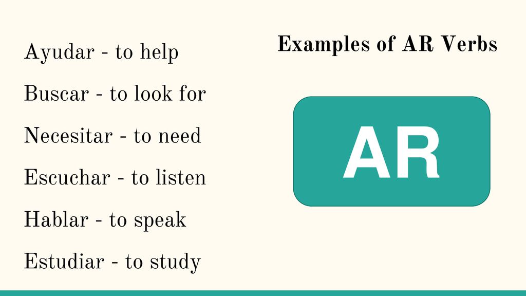 AR Examples of AR Verbs Ayudar - to help Buscar - to look for