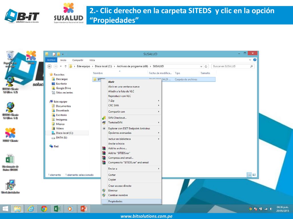 2.- Clic derecho en la carpeta SITEDS y clic en la opción Propiedades