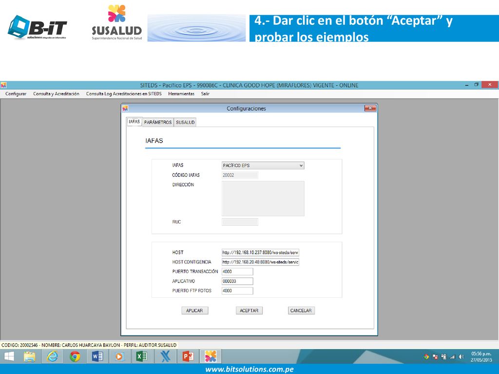 4.- Dar clic en el botón Aceptar y probar los ejemplos