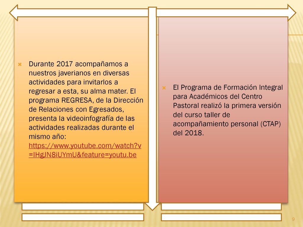 Durante 2017 acompañamos a nuestros javerianos en diversas actividades para invitarlos a regresar a esta, su alma mater. El programa REGRESA, de la Dirección de Relaciones con Egresados, presenta la videoinfografía de las actividades realizadas durante el mismo año:   v=IHgJN8iUYmU&feature=youtu.be