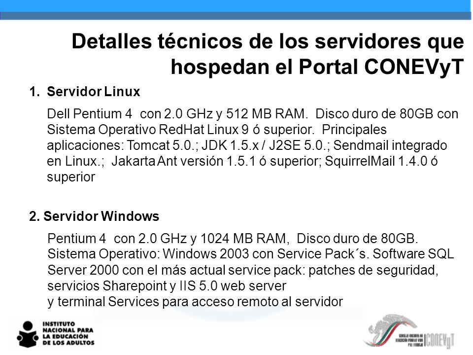 Detalles técnicos de los servidores que hospedan el Portal CONEVyT