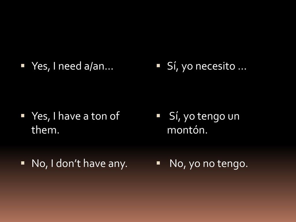 Yes, I need a/an… Yes, I have a ton of them. No, I don’t have any. Sí, yo necesito … Sí, yo tengo un montón.