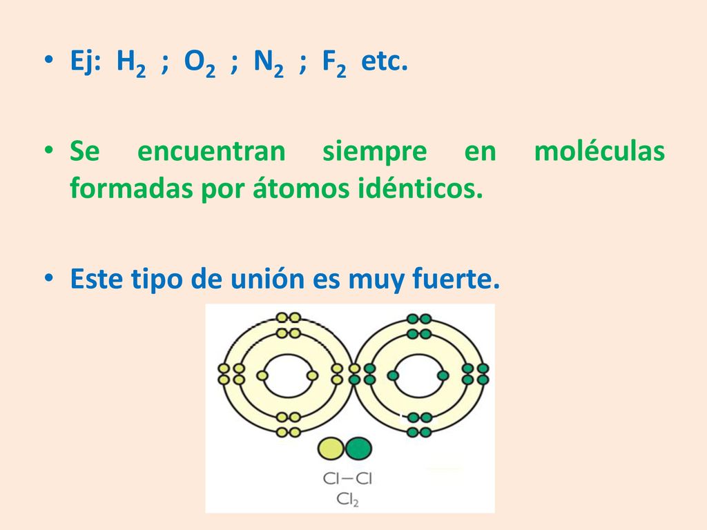 Ej: H2 ; O2 ; N2 ; F2 etc. Se encuentran siempre en moléculas formadas por átomos idénticos.