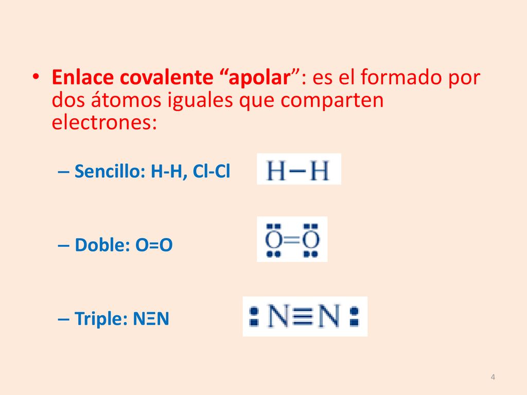 Enlace covalente apolar : es el formado por dos átomos iguales que comparten electrones: