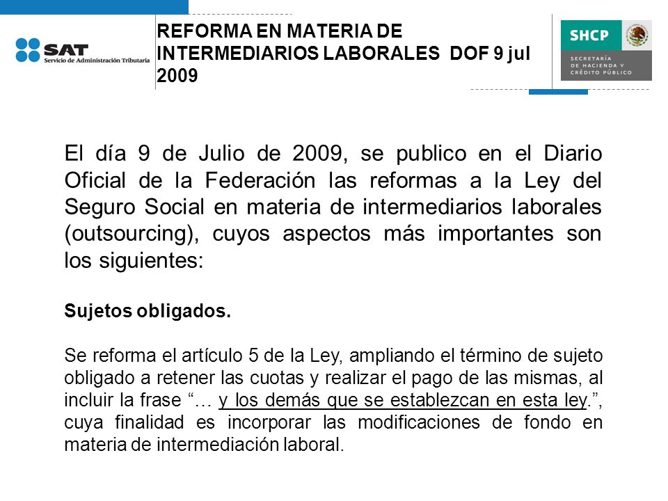 REFORMA EN MATERIA DE INTERMEDIARIOS LABORALES DOF 9 jul 2009