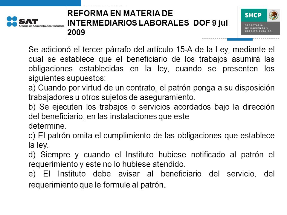 REFORMA EN MATERIA DE INTERMEDIARIOS LABORALES DOF 9 jul 2009