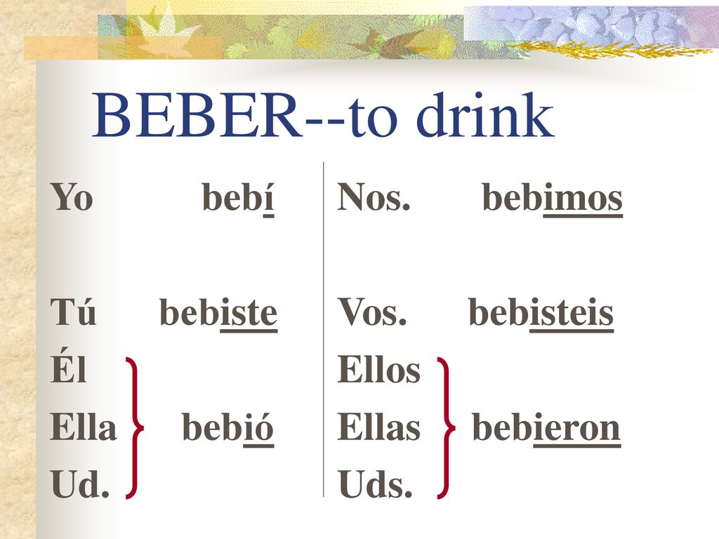 BEBER--to drink Yo bebí Tú bebiste Él Ella bebió Ud. Nos. bebimos