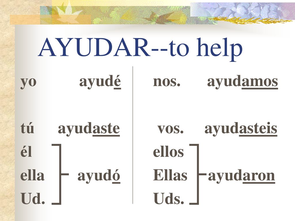 AYUDAR--to help yo ayudé tú ayudaste él ella ayudó Ud. nos. ayudamos