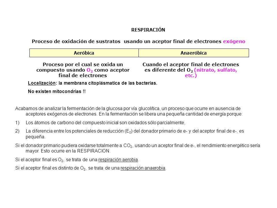 RESPIRACIÓN Proceso de oxidación de sustratos usando un aceptor final de electrones exógeno. Aeróbica.