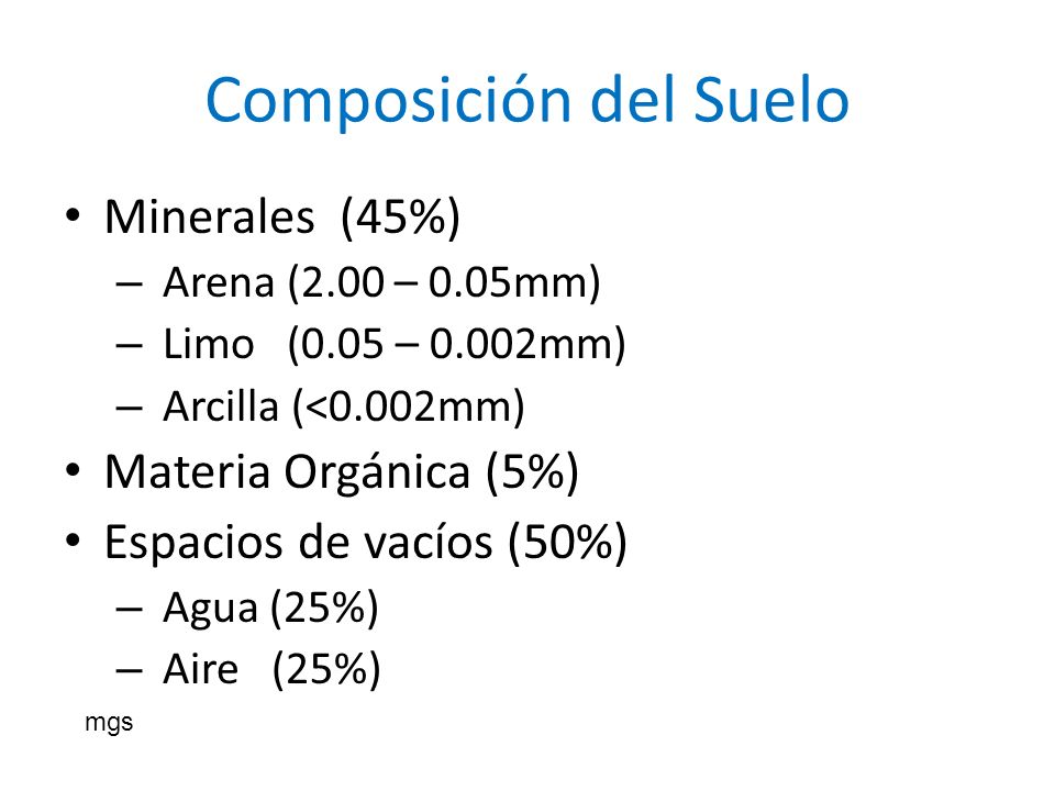 Composición del Suelo Minerales (45%) Materia Orgánica (5%)