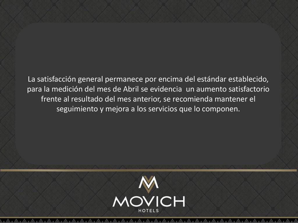 La satisfacción general permanece por encima del estándar establecido, para la medición del mes de Abril se evidencia un aumento satisfactorio frente al resultado del mes anterior, se recomienda mantener el seguimiento y mejora a los servicios que lo componen.