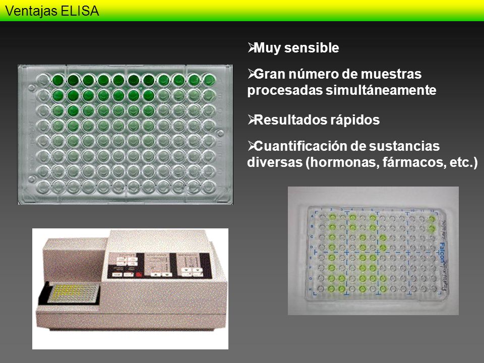 Ventajas ELISA Muy sensible. Gran número de muestras procesadas simultáneamente. Resultados rápidos.