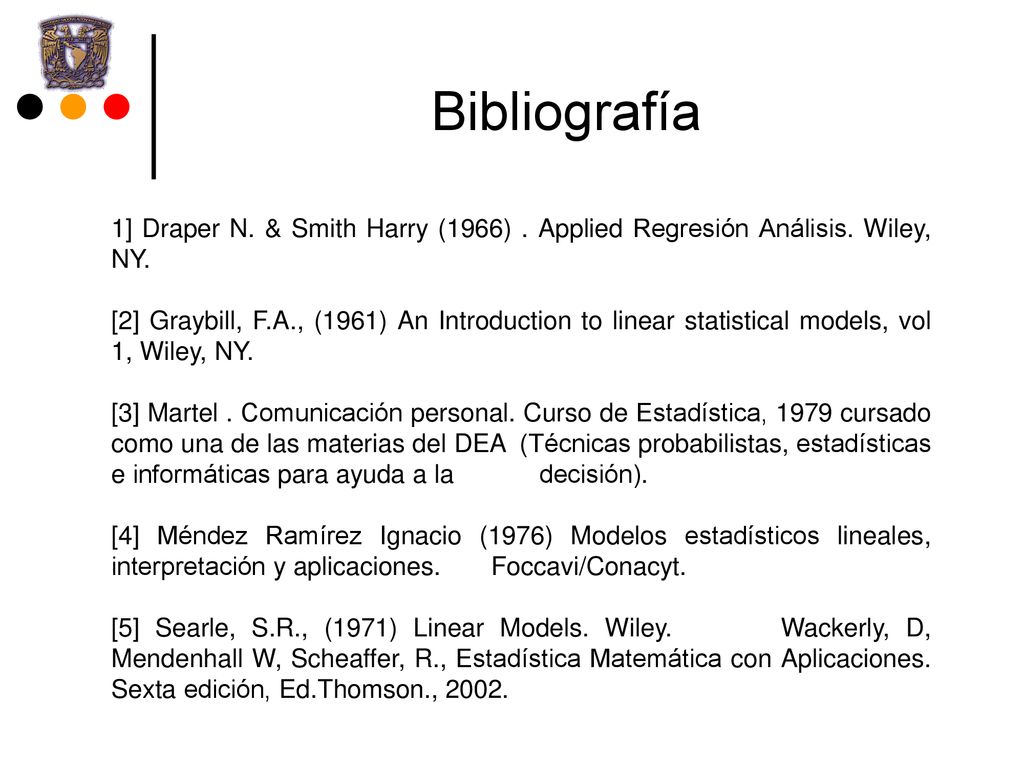 Bibliografía 1] Draper N. & Smith Harry (1966) . Applied Regresión Análisis. Wiley, NY.