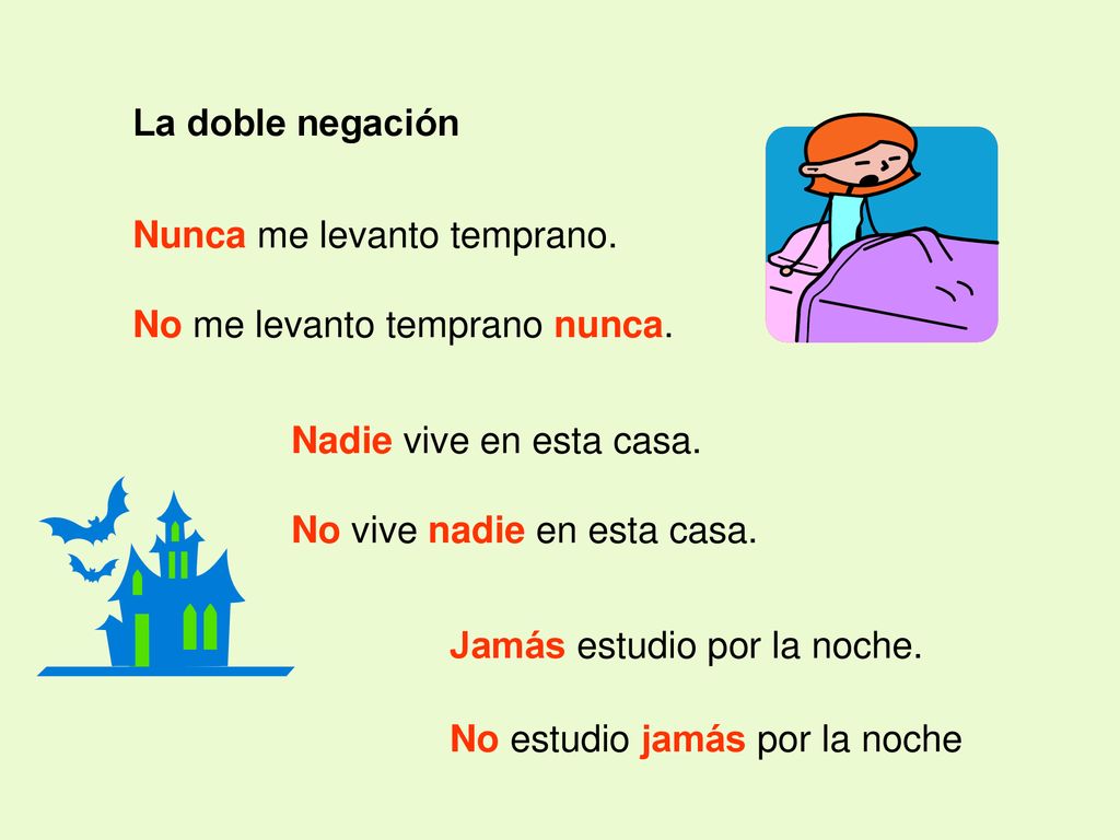 La doble negación Nunca me levanto temprano. No me levanto temprano nunca. Nadie vive en esta casa.