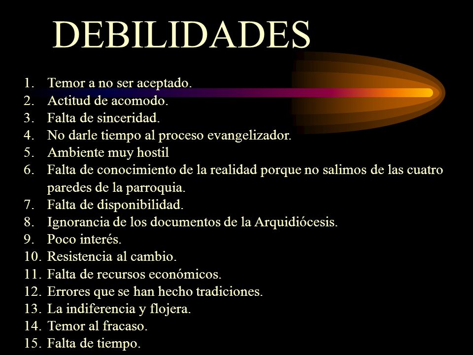 DEBILIDADES Temor a no ser aceptado. Actitud de acomodo.