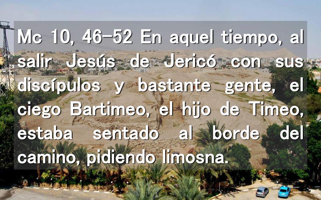Mc 10, En aquel tiempo, al salir Jesús de Jericó con sus discípulos y bastante gente, el ciego Bartimeo, el hijo de Timeo, estaba sentado al borde del camino, pidiendo limosna.