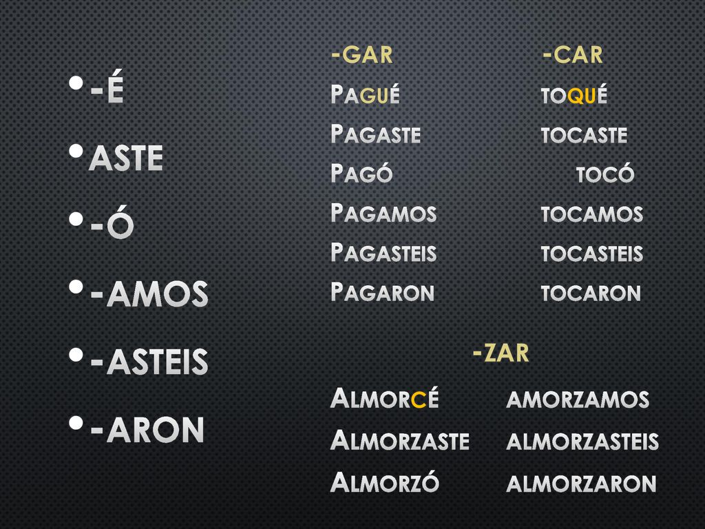 -zar -é aste -ó -amos -asteis -aron -gar -car Almorcé amorzamos