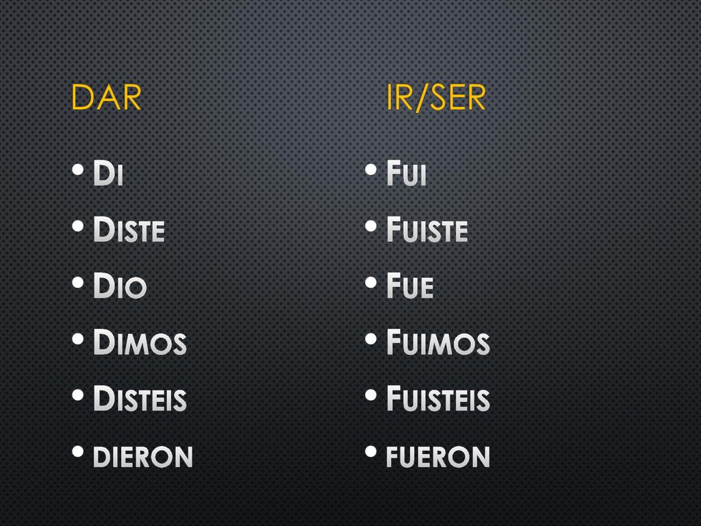 DAR IR/SER Di Diste Dio Dimos Disteis dieron Fui Fuiste Fue Fuimos Fuisteis fueron