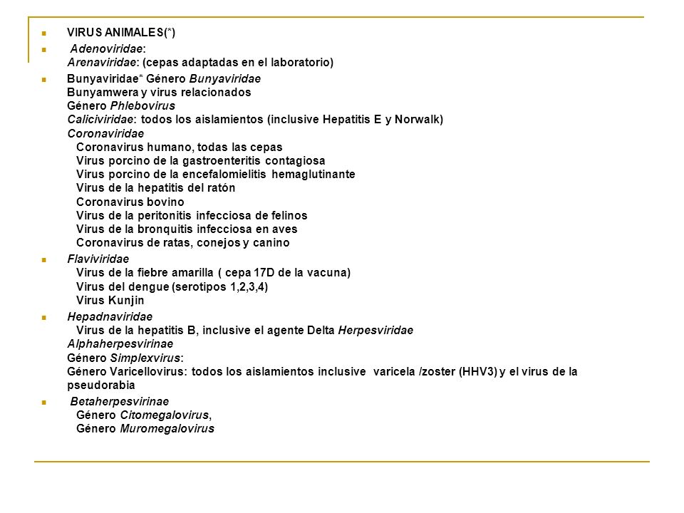VIRUS ANIMALES(*) Adenoviridae: Arenaviridae: (cepas adaptadas en el laboratorio)