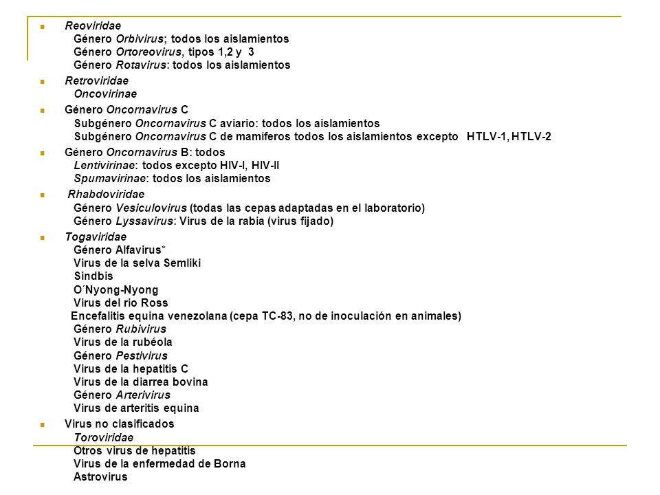 Reoviridae Género Orbivirus; todos los aislamientos Género Ortoreovirus, tipos 1,2 y 3 Género Rotavirus: todos los aislamientos