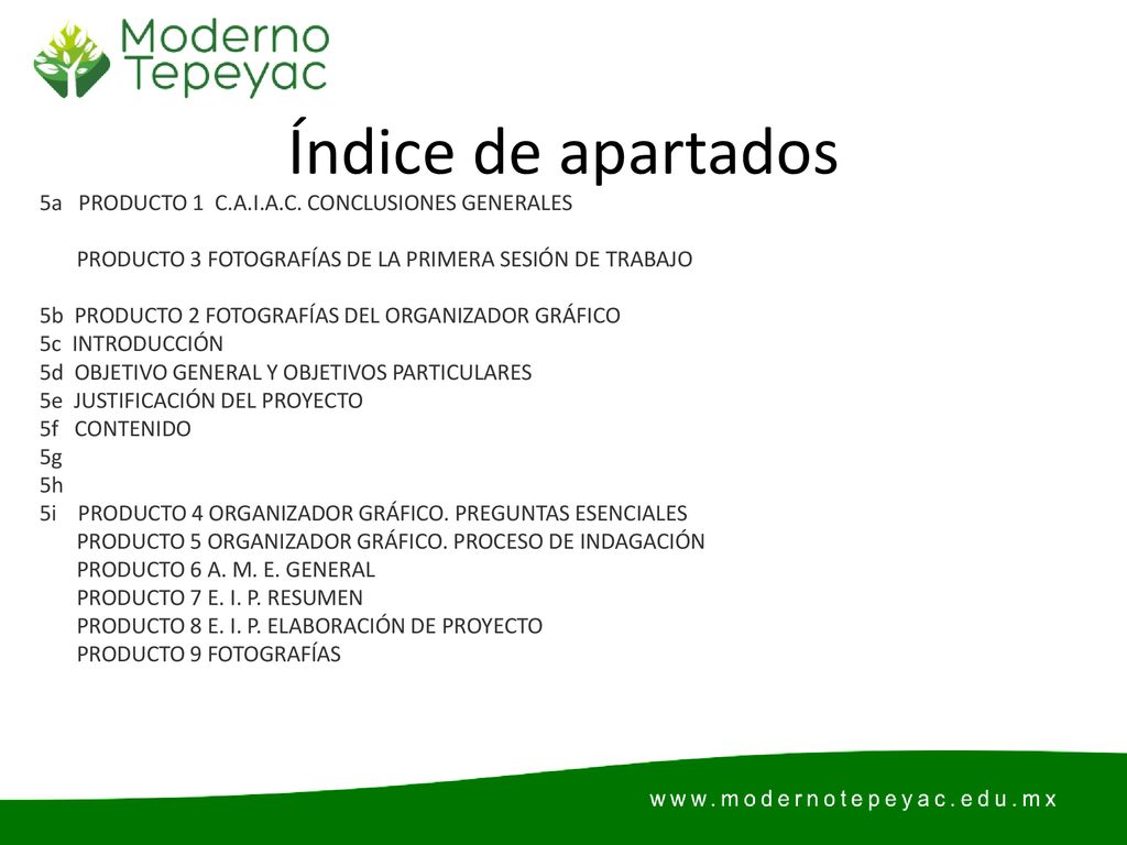 Índice de apartados 5a PRODUCTO 1 C.A.I.A.C. CONCLUSIONES GENERALES