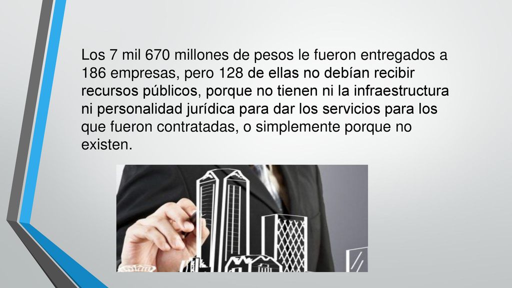 Los 7 mil 670 millones de pesos le fueron entregados a 186 empresas, pero 128 de ellas no debían recibir recursos públicos, porque no tienen ni la infraestructura ni personalidad jurídica para dar los servicios para los que fueron contratadas, o simplemente porque no existen.